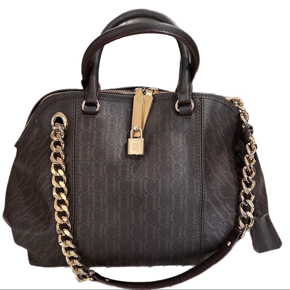 CH Carolina Herrera Brown Monogram Leather Dome Satchel - Picture 1 of 16